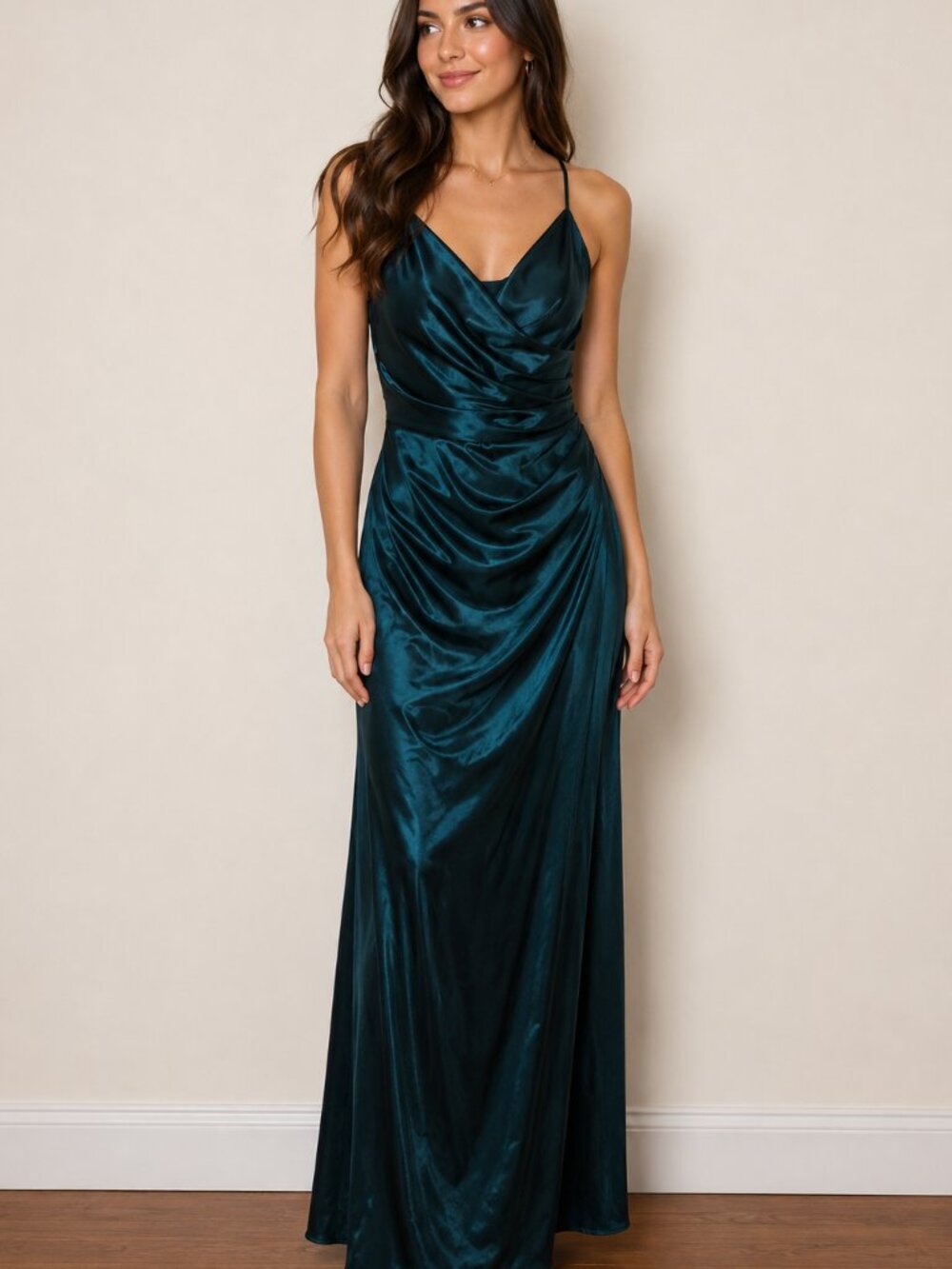 Galina Signature GS290017 Charmeuse Draped Strappy Bridesmaid Gown โ Sz 4 โ Teal